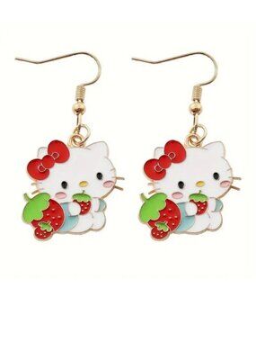 Earrings Hello Kitty Strawberry Enamel Sanrio Dangle Emo Scene Trendy Stylish